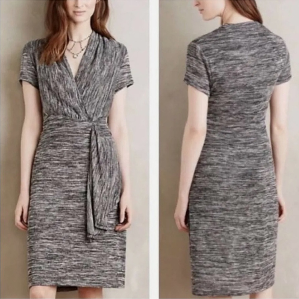 Maeve Gray knit knee length Dress with Plunge Neckline.
